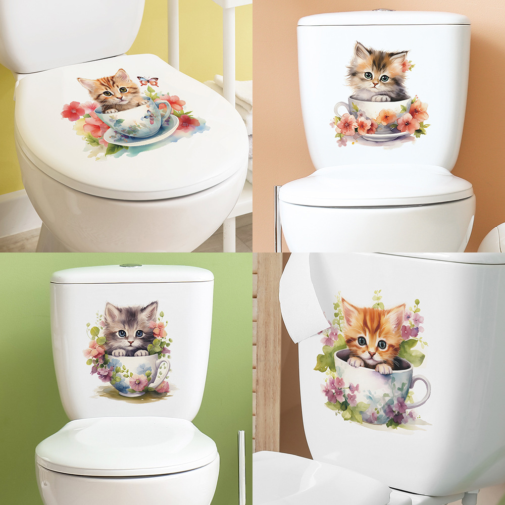 Home Bathroom Tiles - Stiker dinding motif bunga kucing, cangkir